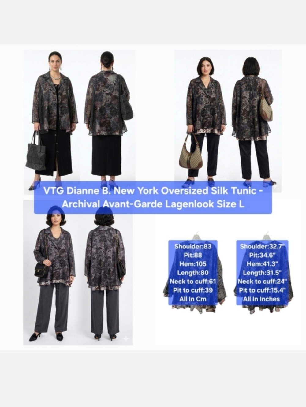VTG Dianne B. New York Oversized Silk Tunic Archival Avant-Garde Lagenlook Sz L